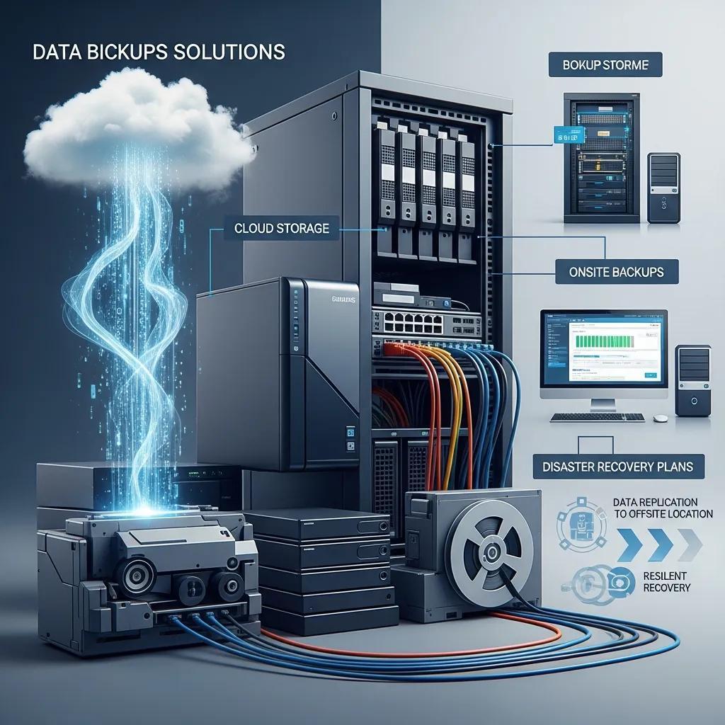 Visual representation of data backup solutions including cloud storage and onsite backups