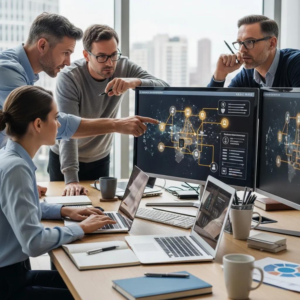 IT professionals collaborating on cybersecurity strategies in a modern office
