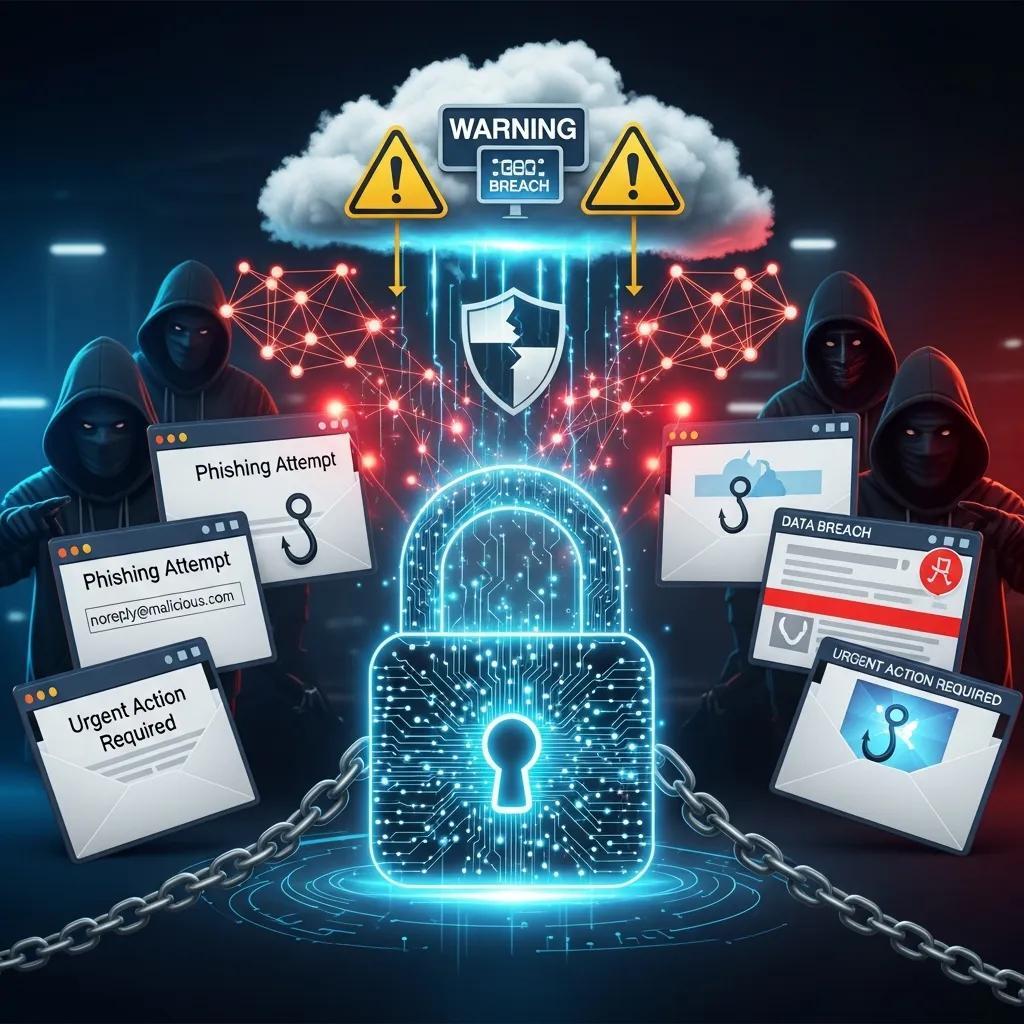 Illustration of cyber threats including ransomware and phishing targeting business data