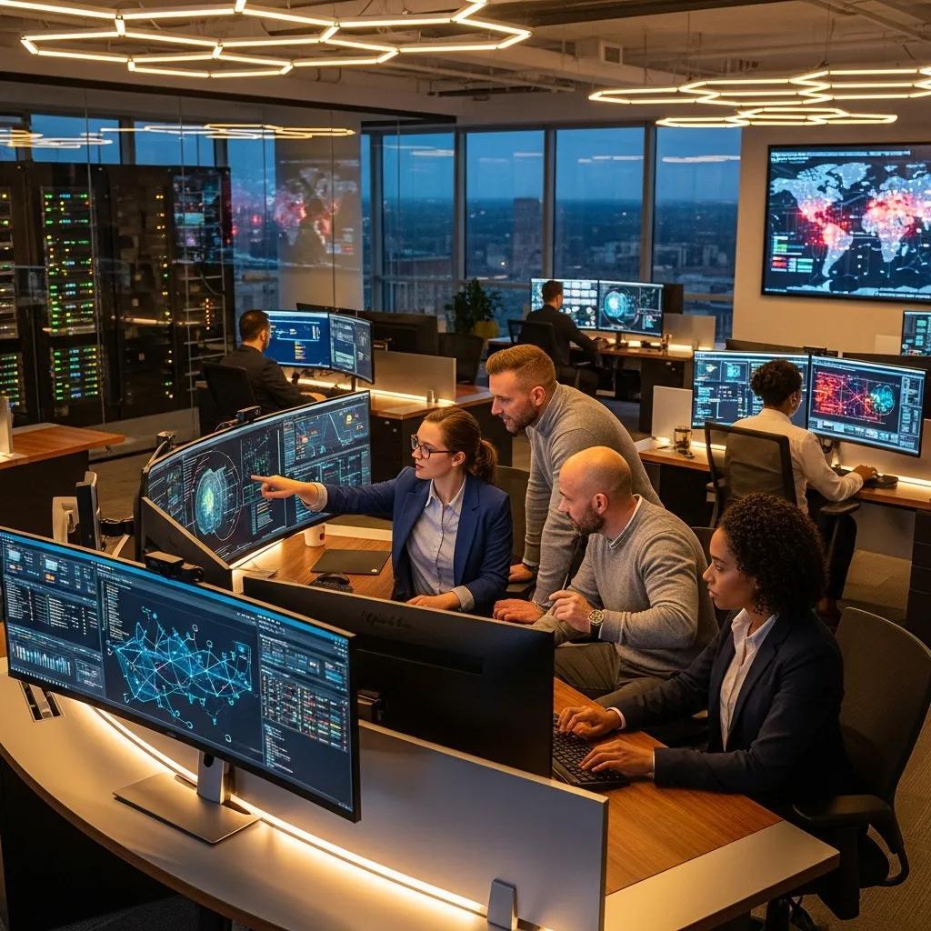 Security analysts monitoring live security data in a modern operations center