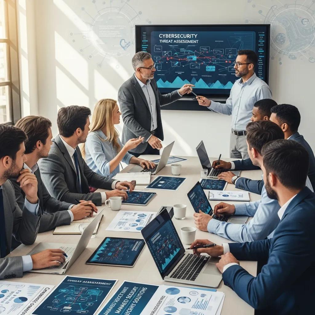 Business team reviewing managed cybersecurity strategy in a conference room