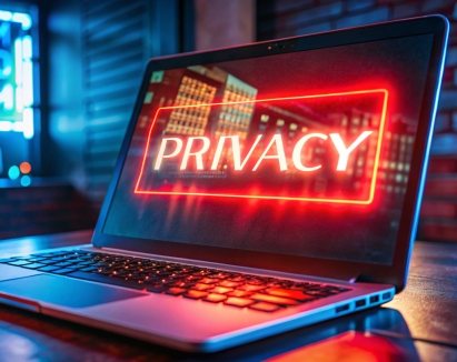 Privacy wall on a laptop computer. Signalling cybersecurity presence.
